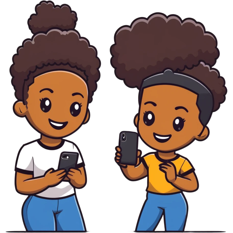 Afro-Caribbean woman smiling, holding iPhone, sending footage to a Black man with a skin fade, both smiling emoji
