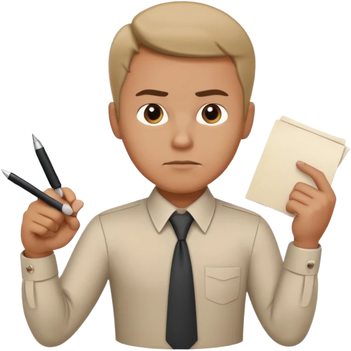 A man stands with a serious face and points his finger at his hand holding papers emoji