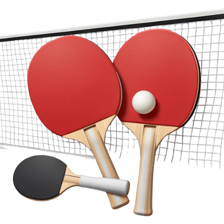Two table tennis paddles and a ball placed on a ping pong table, with the net in the background. The scene conveys the simplicity and focus of the sport, with vibrant colors highlighting the rackets and ball on the smooth surface of the table. emoji