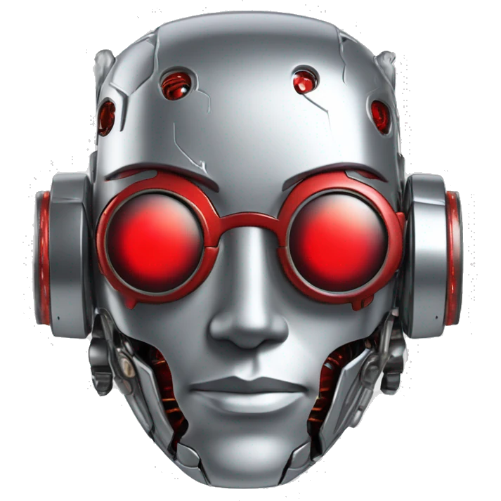 Silver round male cyborg head with red goggles, goatee and circuits emoji