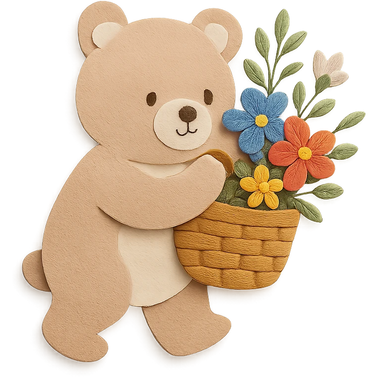 bear carrying a basket of wildflowers, soft pastel brown and cream, paper craft style emoji