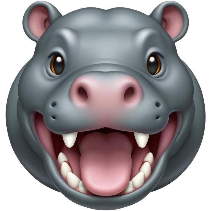 cinematic-noble-yawning hippo-portrait-emoji,-poised-and-regal,-with-a-massive,-robust-build-and-a-smooth,-sleek-slate-gray-hide,-deep-set-soulful-eyes,-simplified-yet-sharp-and-sophisticated-features,-highly-detailed,-glowing-with-a-soft radiance, mouth open wide exposing teeth emoji