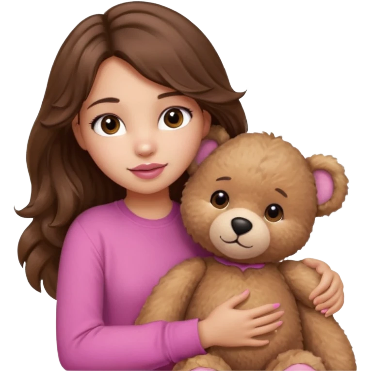 girl with long wavy brown hair, brown eyes, light to medium complexion, in a pink shirt, pink lips, long lashes, hugging a teddy bear emoji