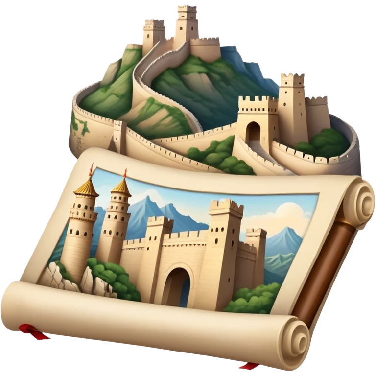 icon featuring an ancient scroll, quill pen with famous historical landmarks and monuments like the Great Wall and the Colliseum in the background. Historical figures are depicted as statues, symbolizing the study of history. Transparent background highlights the legacy of past civilizations. emoji