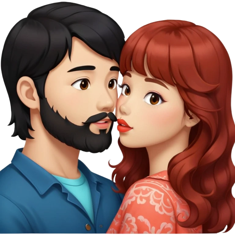 handsome asian man with black hair and beard, kissing cute tan skin woman with long wavy reddish brown hair with bangs and coral lipstick emoji