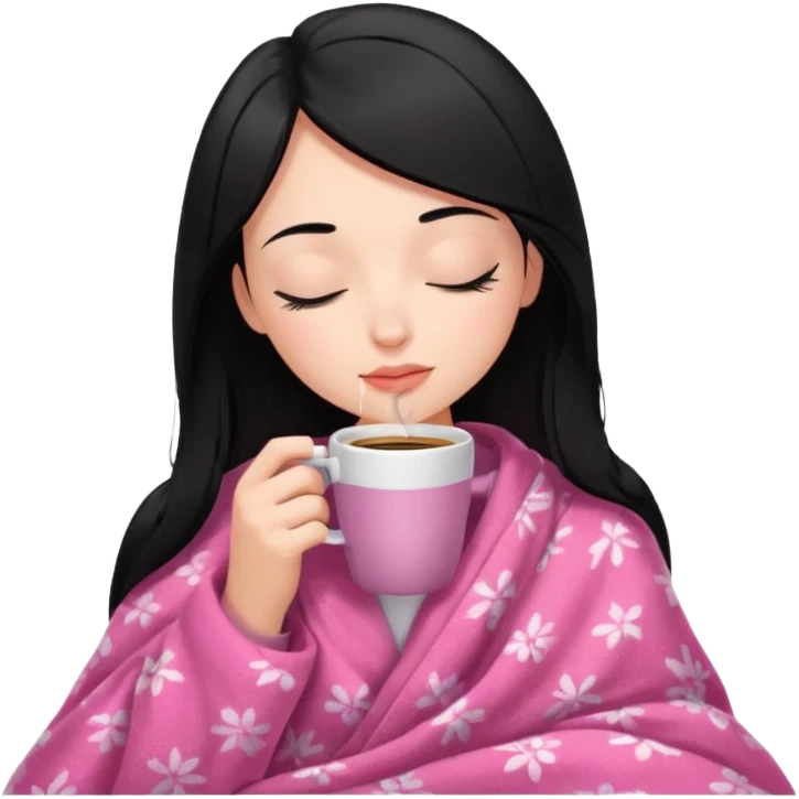 black haired girl inside a pink blanket sipping coffee with eyes closed and lashes emoji