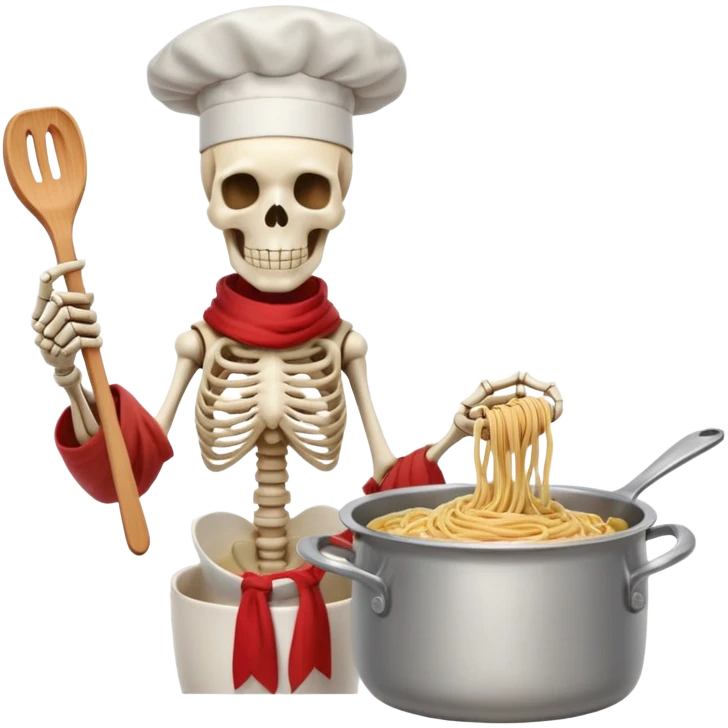 Papyrus from Undertale cooking spaghetti, tall skeleton with red scarf and white armor, enthusiastically stirring pasta in a pot, chef hat emoji