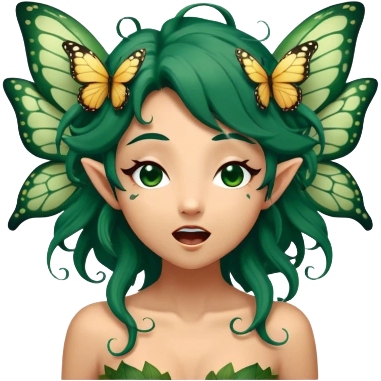 Cinematic Realistic Forest Fairy Portrait, head tilted slightly with a dramatic, wide-open yawn, revealing a tender, relaxed visage with finely detailed tanned skin and flowing, vine-adorned dark green hair gently framing her face. Her sleepy eyes exude a serene, dreamlike quality as soft natural sunlight filters through the canopy, showing her large butterfly wings from her back capturing the essence of a drowsy yet captivating forest drifting into peaceful slumber. emoji