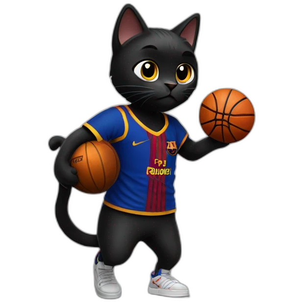 Black cat with a FC Barcelona t-shirt playing basketball emoji