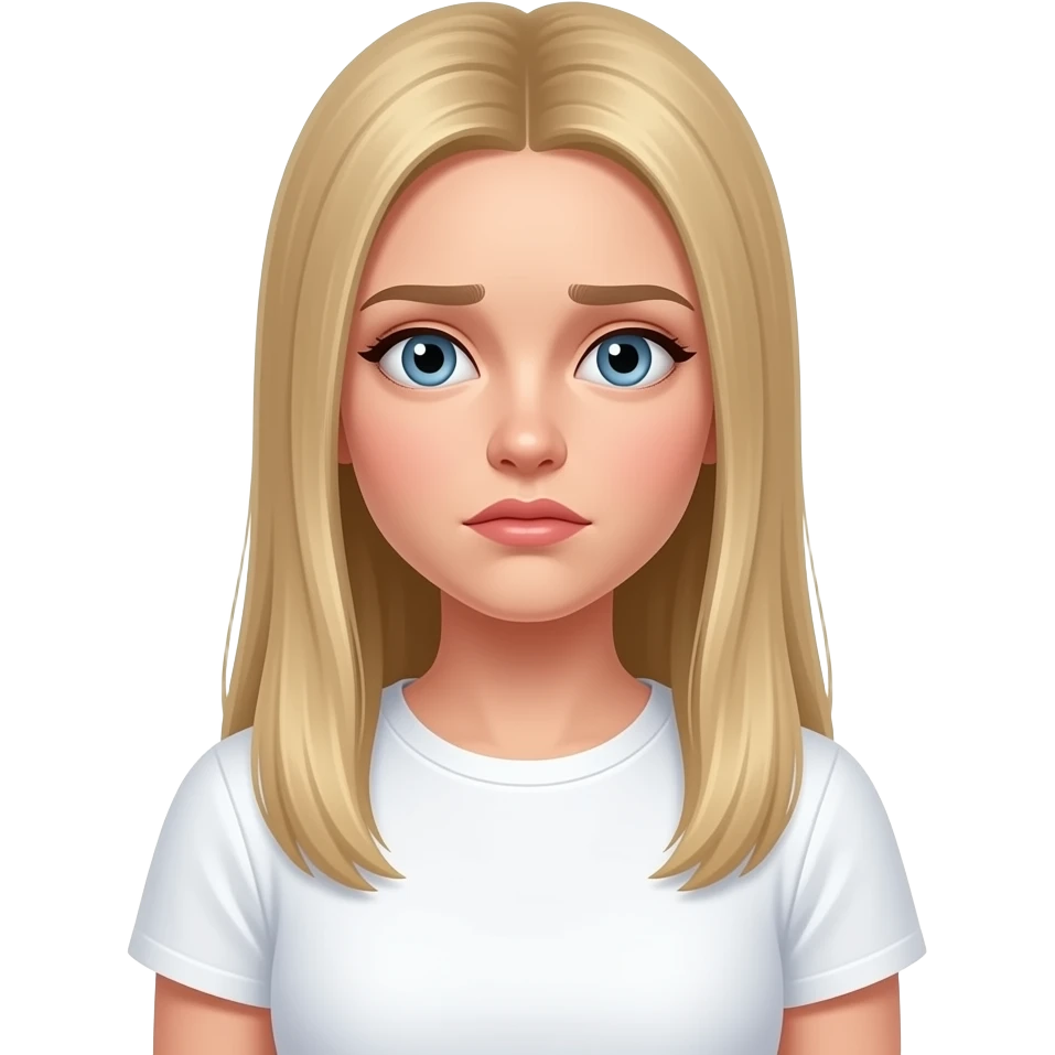 bella ragazza russa bionda capelli lisci lunghi e occhi chiari, con maglietta bianca e Embarrassed emoji