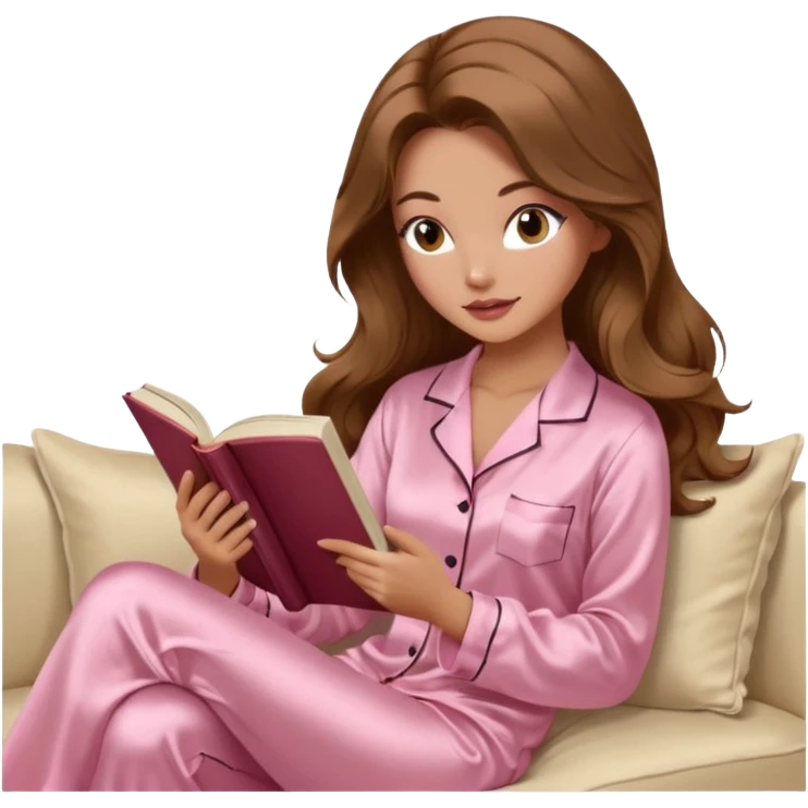Woman with light tanned skin reading a book on Beige sofa. Long wavy brown hair. Beige ivory colour background. Light pink Silk pyjamas. Realistic person. Fox eye shape with long lashes. Pinky brown lips. emoji
