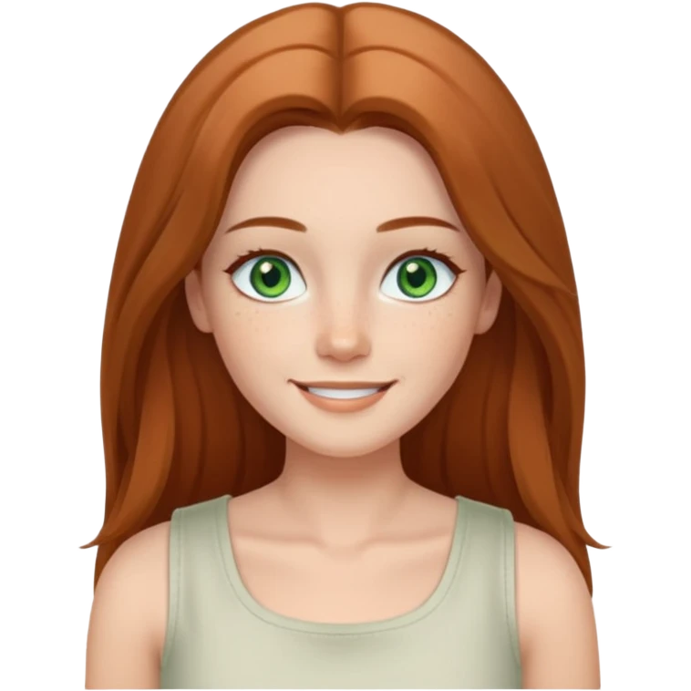 emoji of a confident woman named Freya McOmish, smiling, green eyes, long hair with a middle part, subtle freckles, modern casual style, broad shoulders, wearing a white sleeveless deep square neck top emoji