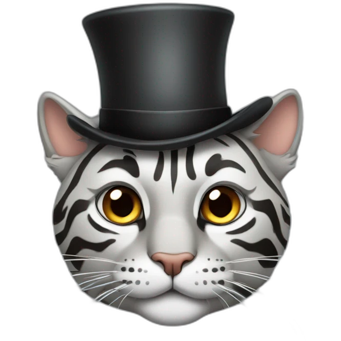 Grey tiger cat with bits of brown using a top hat emoji