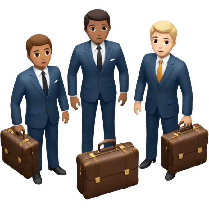 Три бизнесмена в дорогих классических костюмах стоят в замкнутом круге, вид сверху под небольшим углом. У каждого в руках чёрный кожаный чемодан, наполненный наличными деньгами.  emoji