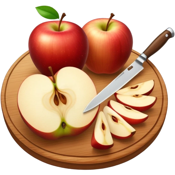 A round wooden board with a whole apple and several slices on it and knife, with a soft glow emoji