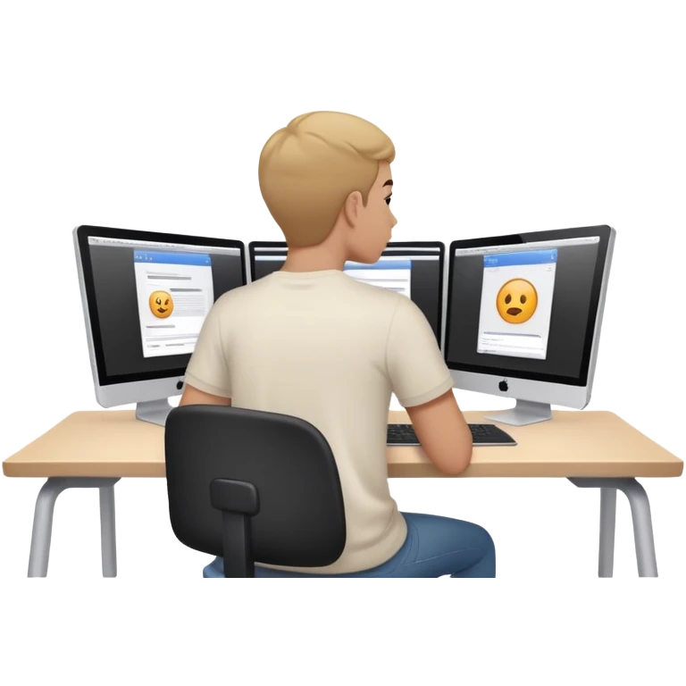 Video editor sitting in front of two screens, editing a video. View from behind, over the right shoulder emoji
