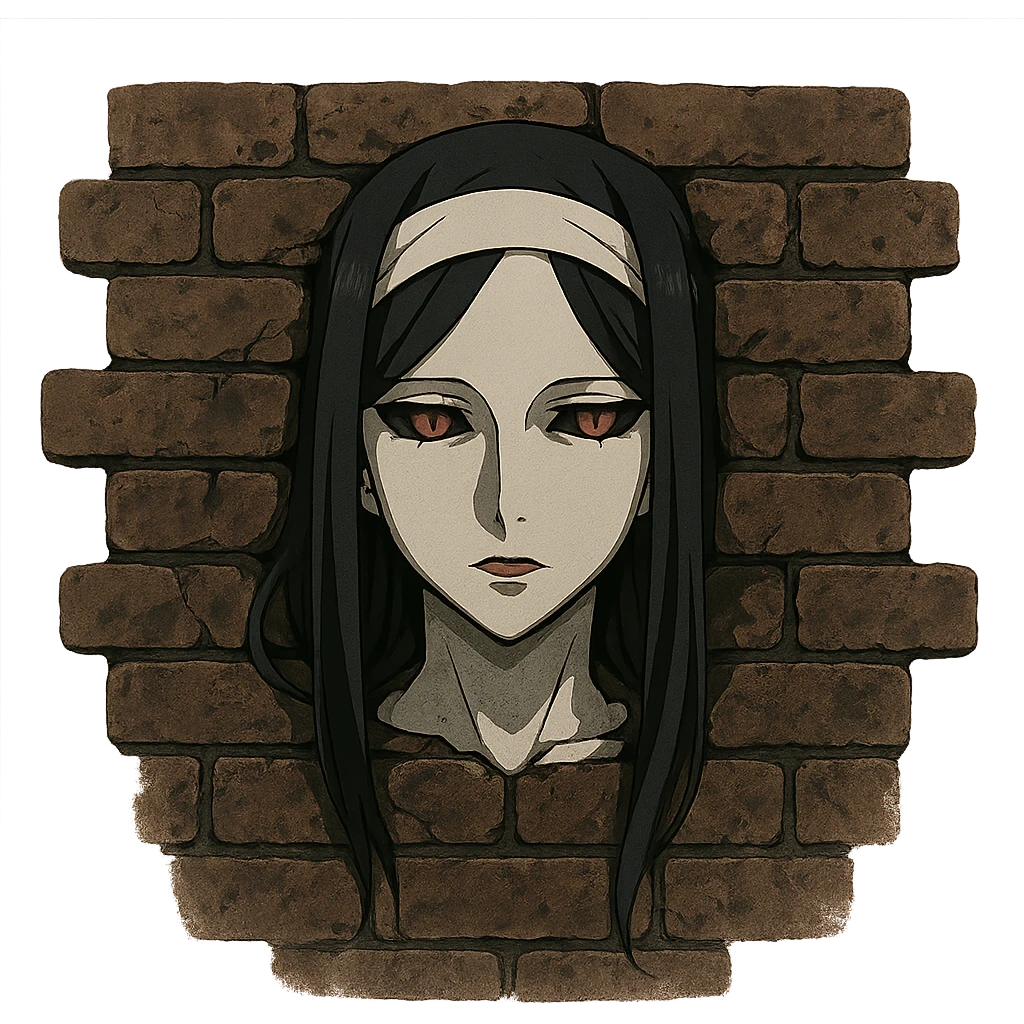 Overlord's Nigredo face emerging from a brick wall, mysterious and slightly eerie, anime style emoji