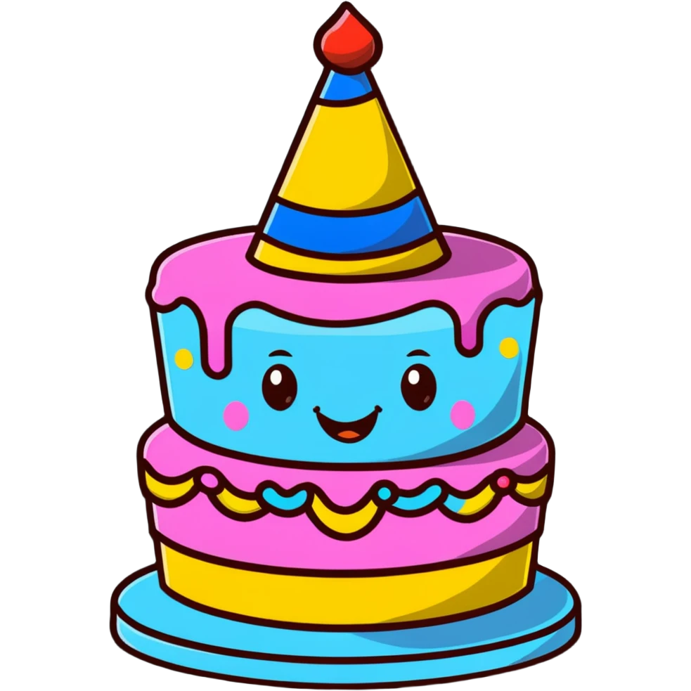 cute birthday cake with smiling face and party hat emoji