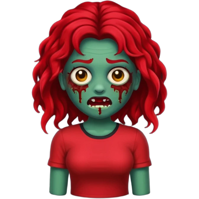 Faça me um emoji de um zumbi mulher de cabelos vermelho escuro longos ondulado usando uma blusa preta, faça no estilo iphone emoji