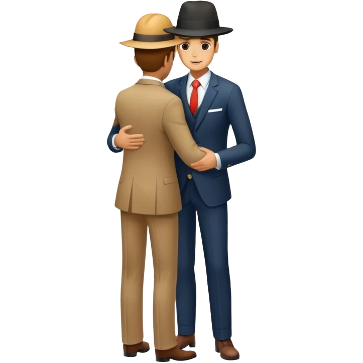 man in suit with tall hat hugs worker full height emoji