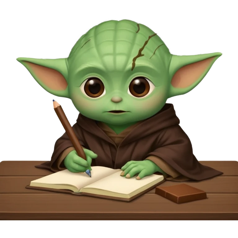 Baby Yoda con su tunica chocolate escribiendo en un cuaderno sobre un escritorio emoji