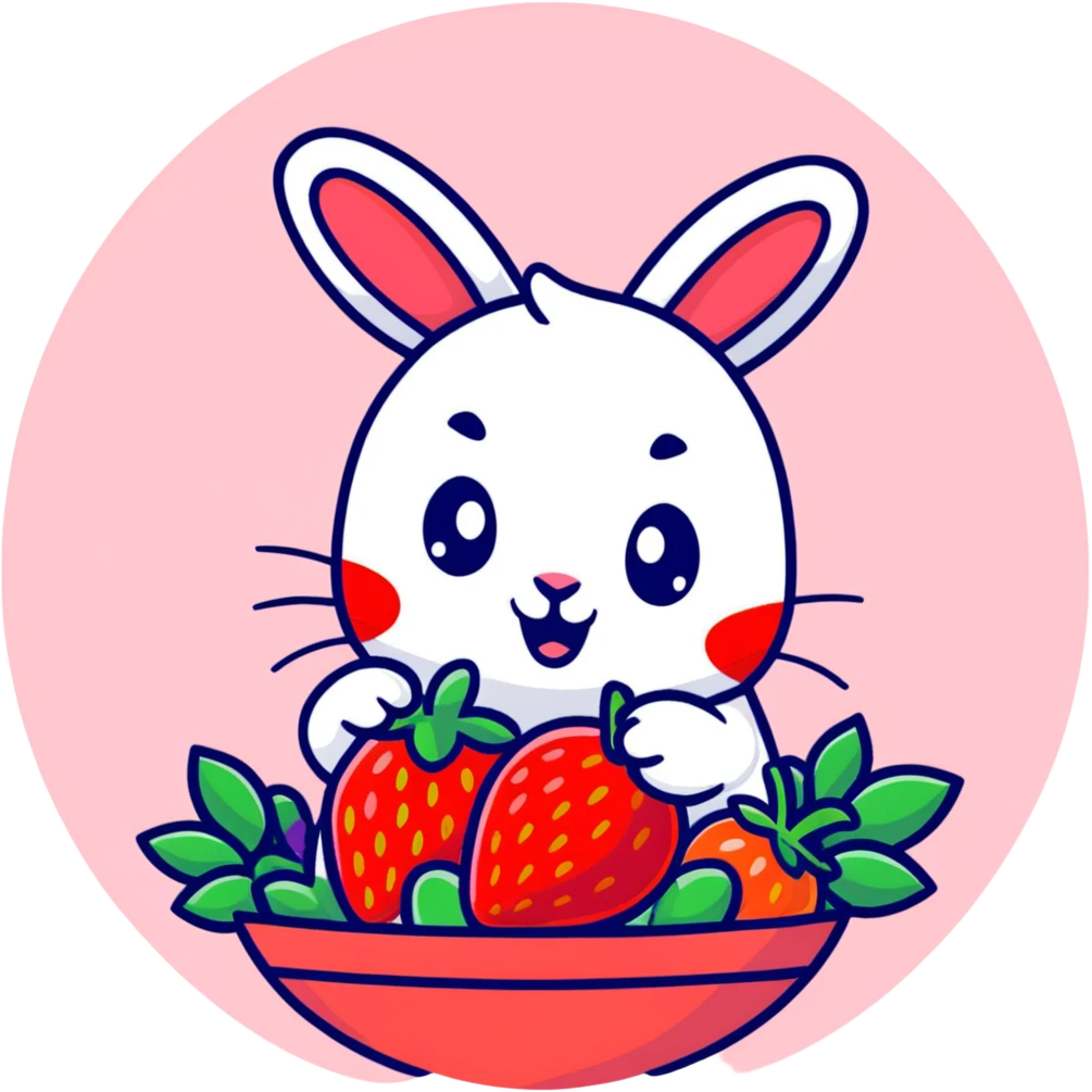 bunny picking strawberries in the woods, sweet pastel red emoji