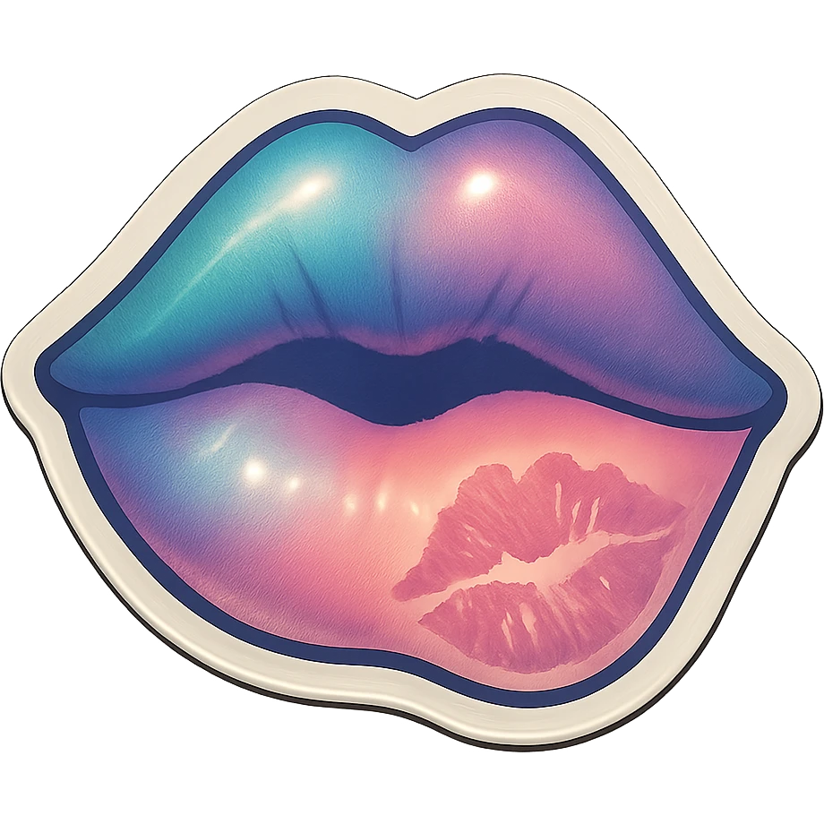 lips with a kiss mark on the screen, retro stickers style, thin clean contours, soft rounded shapes, pastel palette #98B5BC, #B5B3C1, #C9A3C9, #E4C0CA, #F7DCD1, #F7C0AA, detailed shadows and highlights, soft lighting, transparent background, no decorative elements emoji