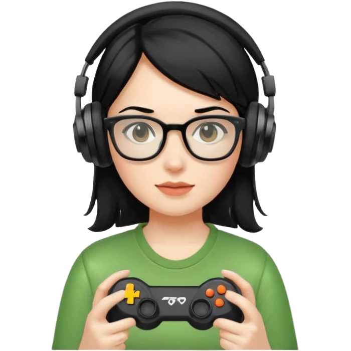 
gamer, woman shiny black hair no eyebrows with glasses, headphone, gamepad emoji