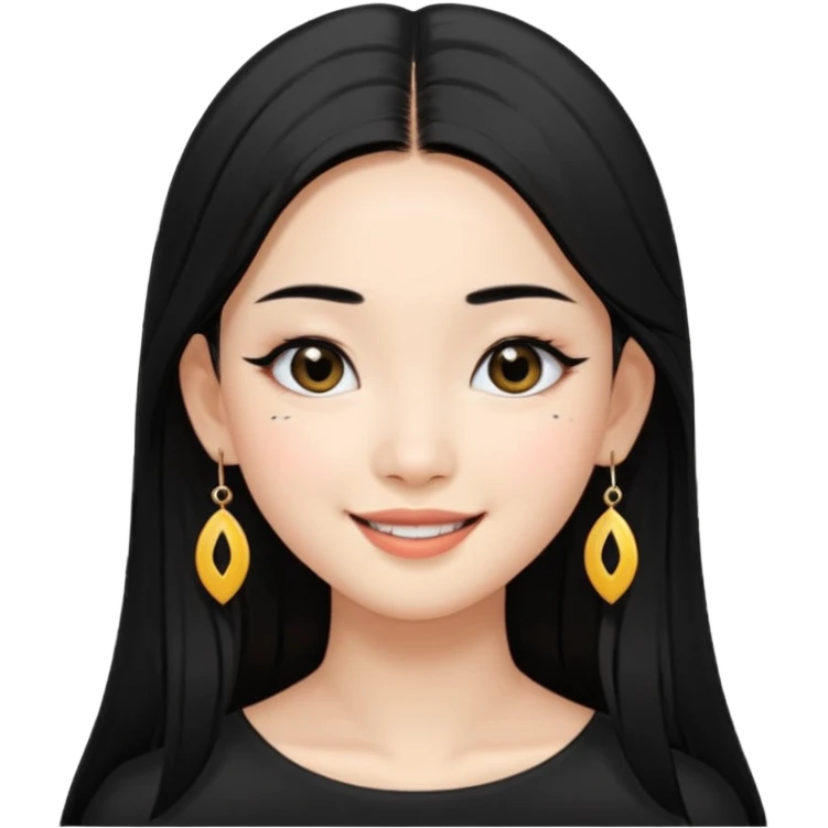 A Asian girl with fare skin and earrings, long straight black hair that is covering her checks with black eyes, smiling with a open wings eyeliner emoji