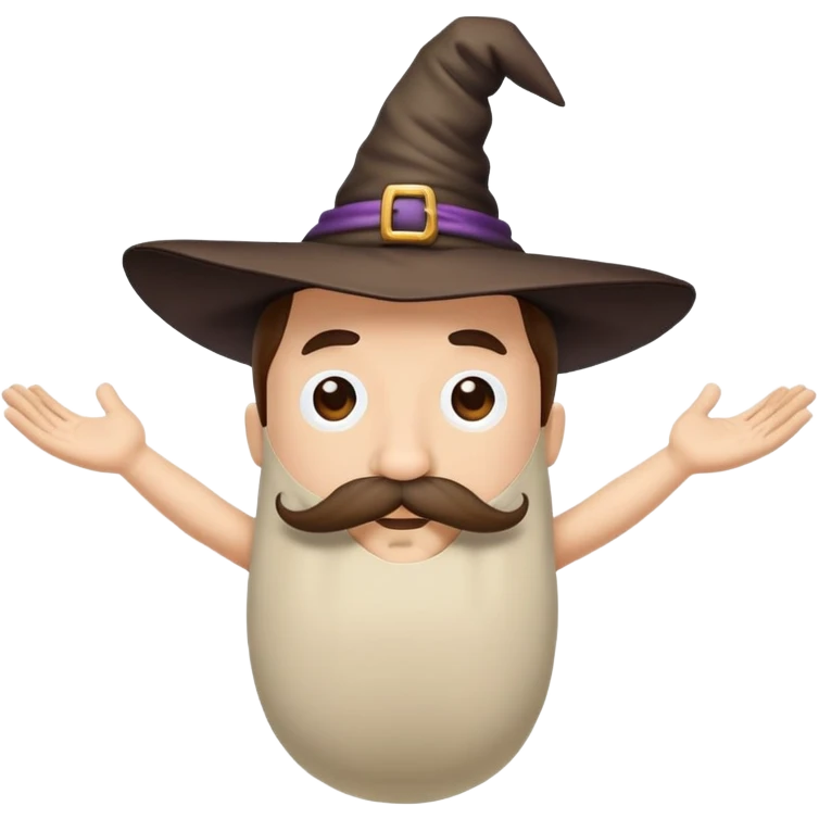 a pillow standing on his both legs, raising his both hands with witch hat and a big mustache emoji