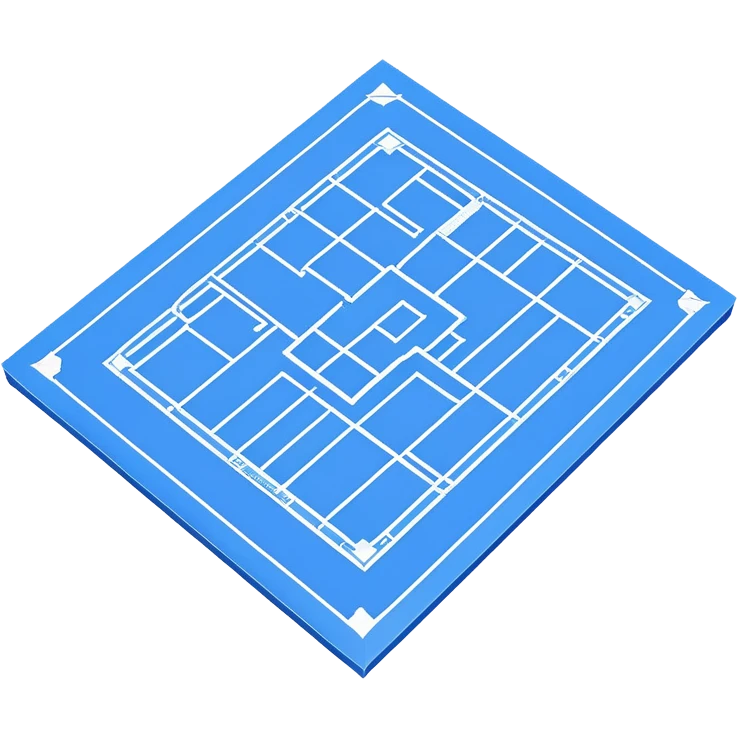 blue blueprint plan with white lines, isometric angle showing both side and top emoji