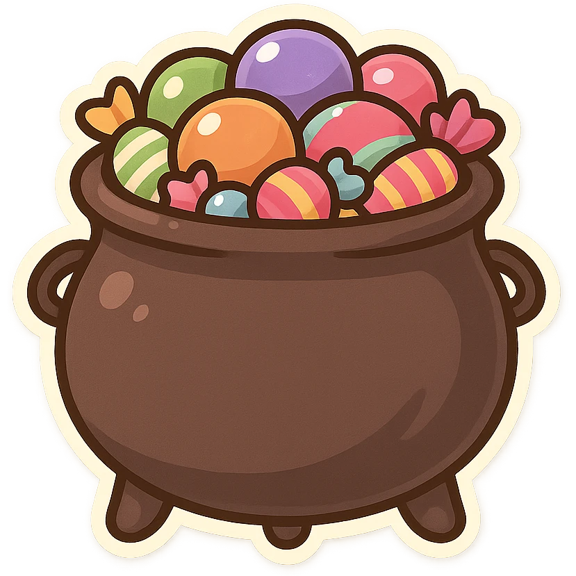 一口坩埚，锅里面装着许多彩色的糖果 emoji
