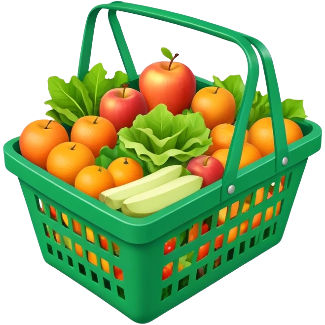 green grocery basket filled with groceries, isometric 3d realistic, colorful emoji