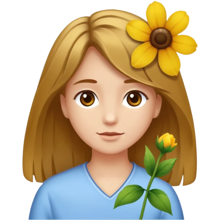 Ein braunhaariges Mädchen (glatte Haare ) mit einen Blume hinter dem ohr lange haare zur Seite kuckend Blume hinter dem rechten Ohr so das man es sieht zur Seite schauend emoji