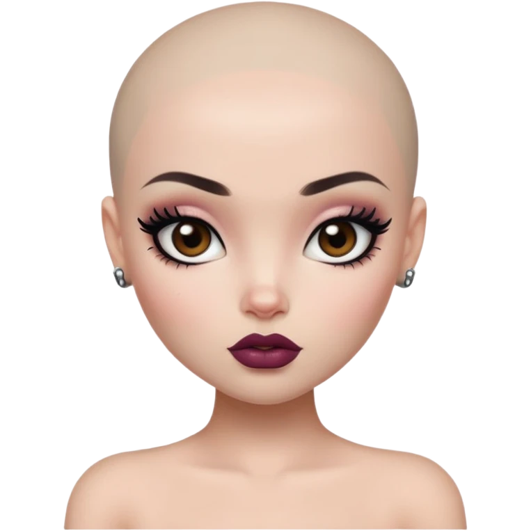 bald, pretty lips, pale tattoed skin,  dark brown eyes, pretty bratz baddie, black eyeliner emoji