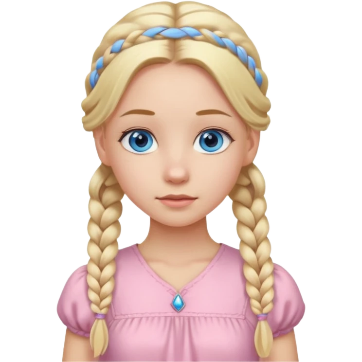 فتاة لون عيونها ازرق ولون شعرها اشقر طويل و تسريحة الشعر ضفرتين ولابسة فستان وردي فاتح  emoji
