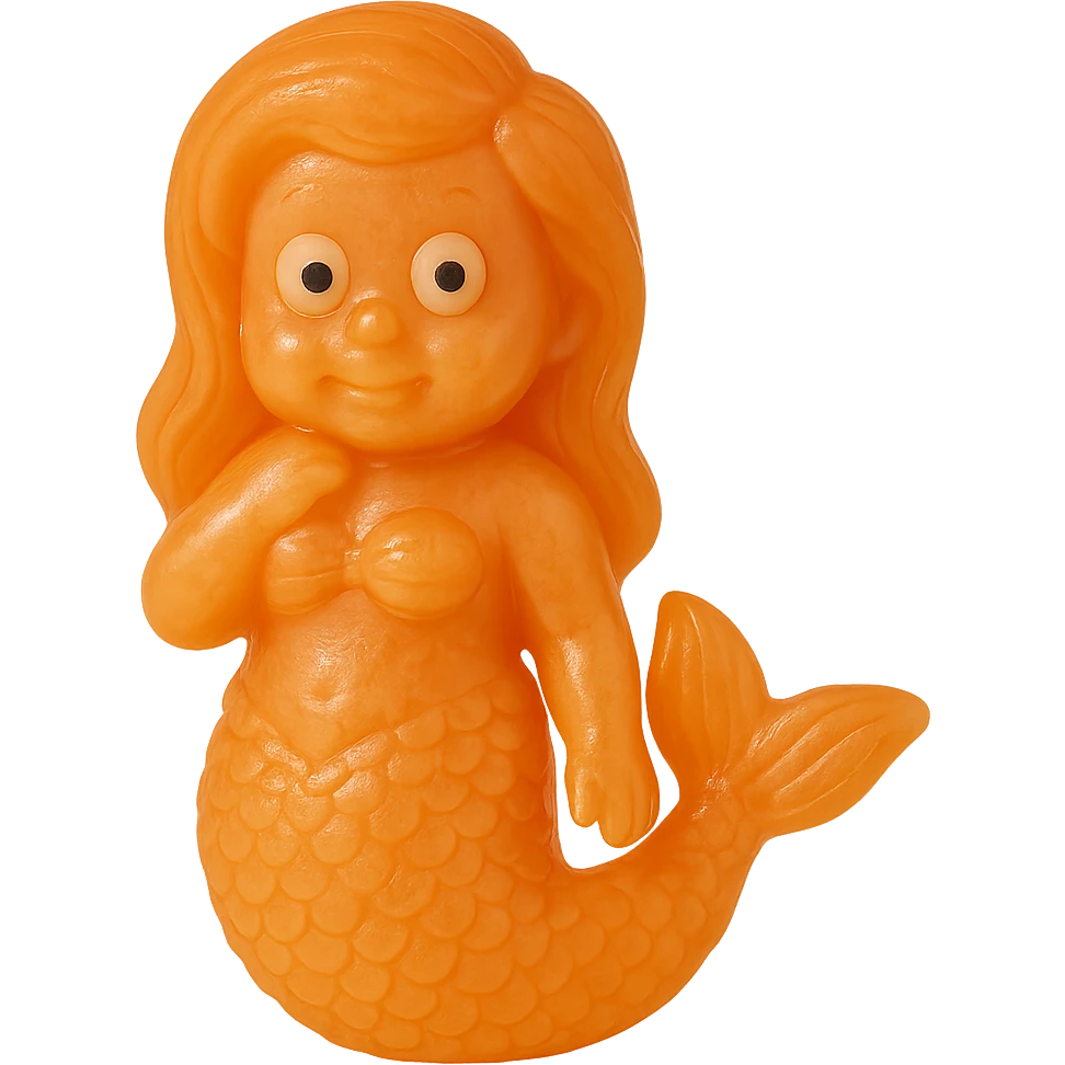 hyper-detailed retro 90's toy style bright orange semi-transparent soft plastic mermaid with derpy eyes soft reflections soft and squishy some cloudiness not shiny highly detailed appealing no tag no background emoji