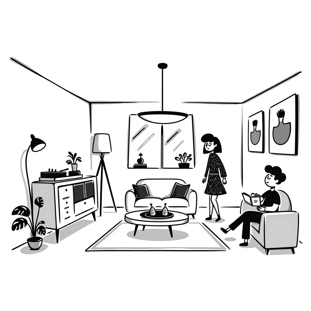 A mid-century modern living room with two people working on laptops — a woman standing at a dresser and a man sitting on a couch. The room has visible floor and two walls forming a corner, large window, modern pendant lamp, turntable, vinyl record stand, retro posters on the wall emoji