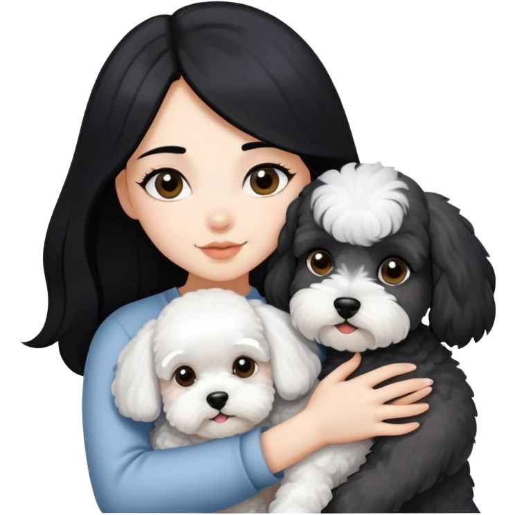 A beautiful girl with long black hair hugs a little schnauzer and a bichon frise emoji