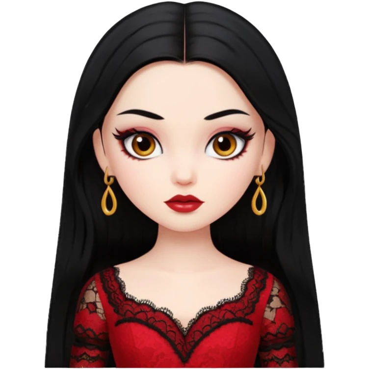 black hair, pretty, BLACK long black hair, pale skin, eyeliner, red lace clothes, brown eyes bratz baddie emoji