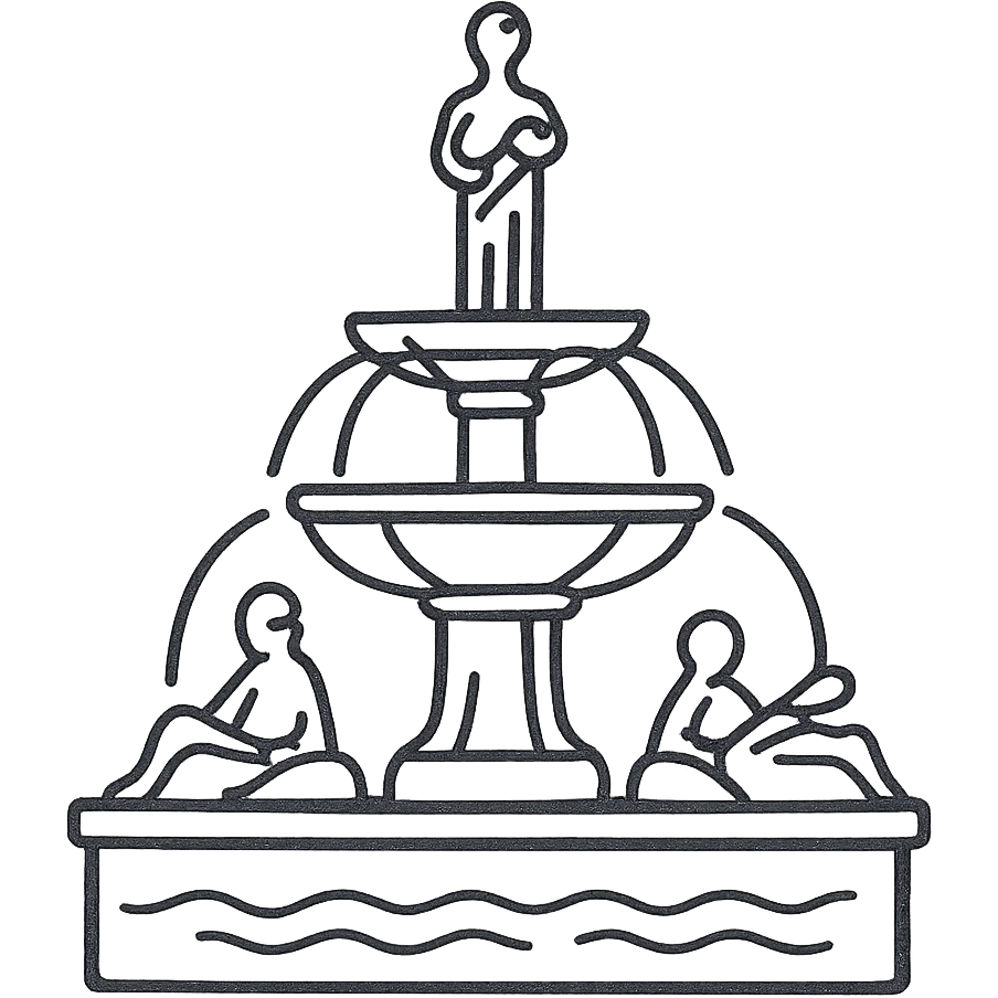A hand-drawn illustration of a fountain with statues, outlined in black with no fill emoji