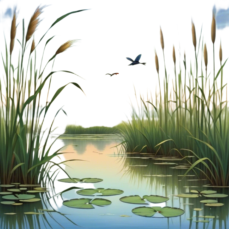 Cinematic Realistic Wetlands Emoji in a wooden frame, Peaceful and serene, with tall grasses swaying in the breeze and soft, muddy waters reflecting the sky above. Small birds and insects flit among the reeds while lily pads float lazily across the surface, punctuated by the occasional croak of a frog or splash of a fish. Soft glowing outline, capturing the essence of a calm, tranquil wetland brimming with life and natural beauty. emoji