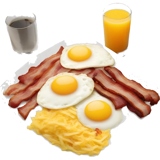 white plate with strips of bacon, eggs cooked sunny side up, diced potato hash browns, sausage links with a bowl of fruit as a side and a large glass of orange juice emoji