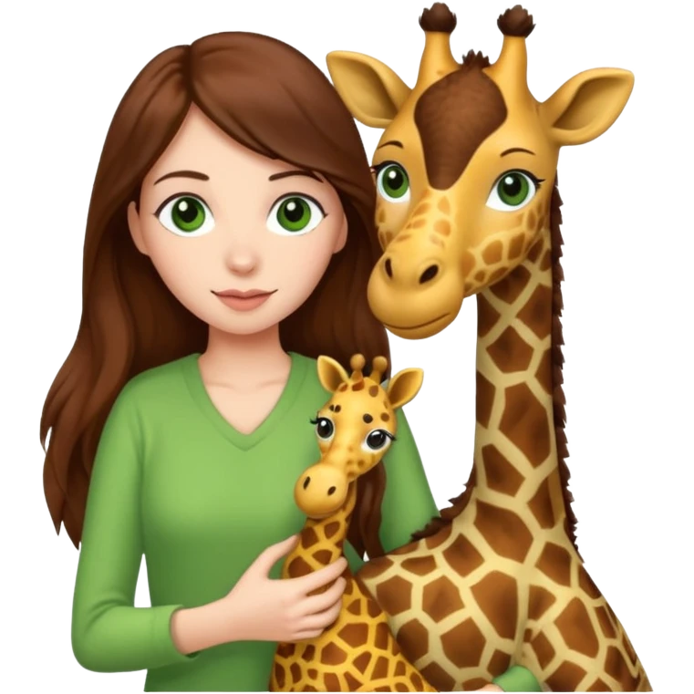 woman with long brown hair green eyes girl emoji pulling up a giraffe plushie emoji