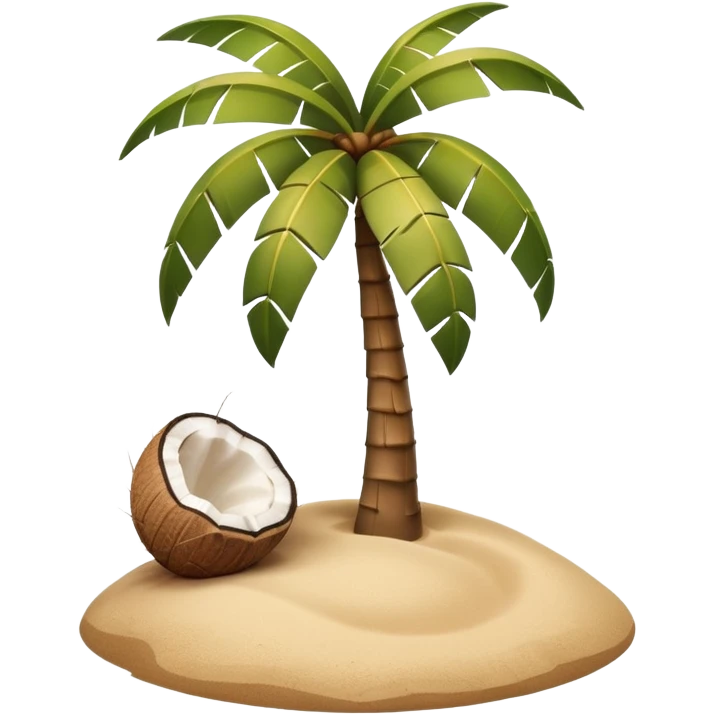 A 3D cartoon coconut palm tree with coconuts near the top and a sandy base, tropical light setting, Memoji-style realism. emoji