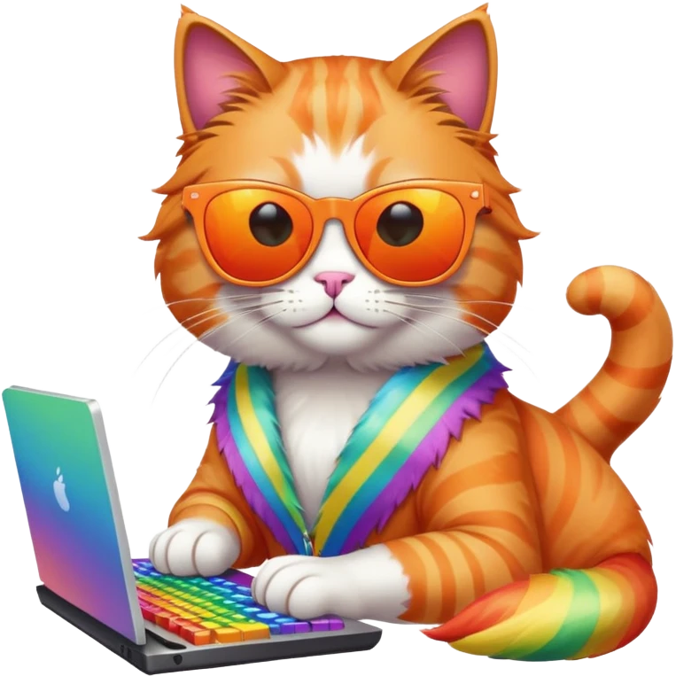 Cat with mirror sunglasses working on computer in rainbow  emoji