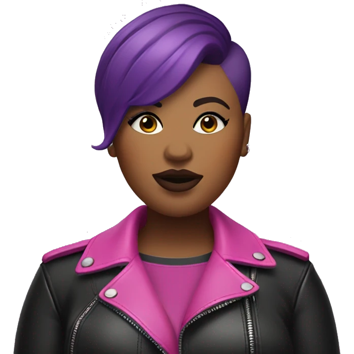 Plus size black woman with very short pink hair and a purple leather biker jacket with makeup on face. emoji