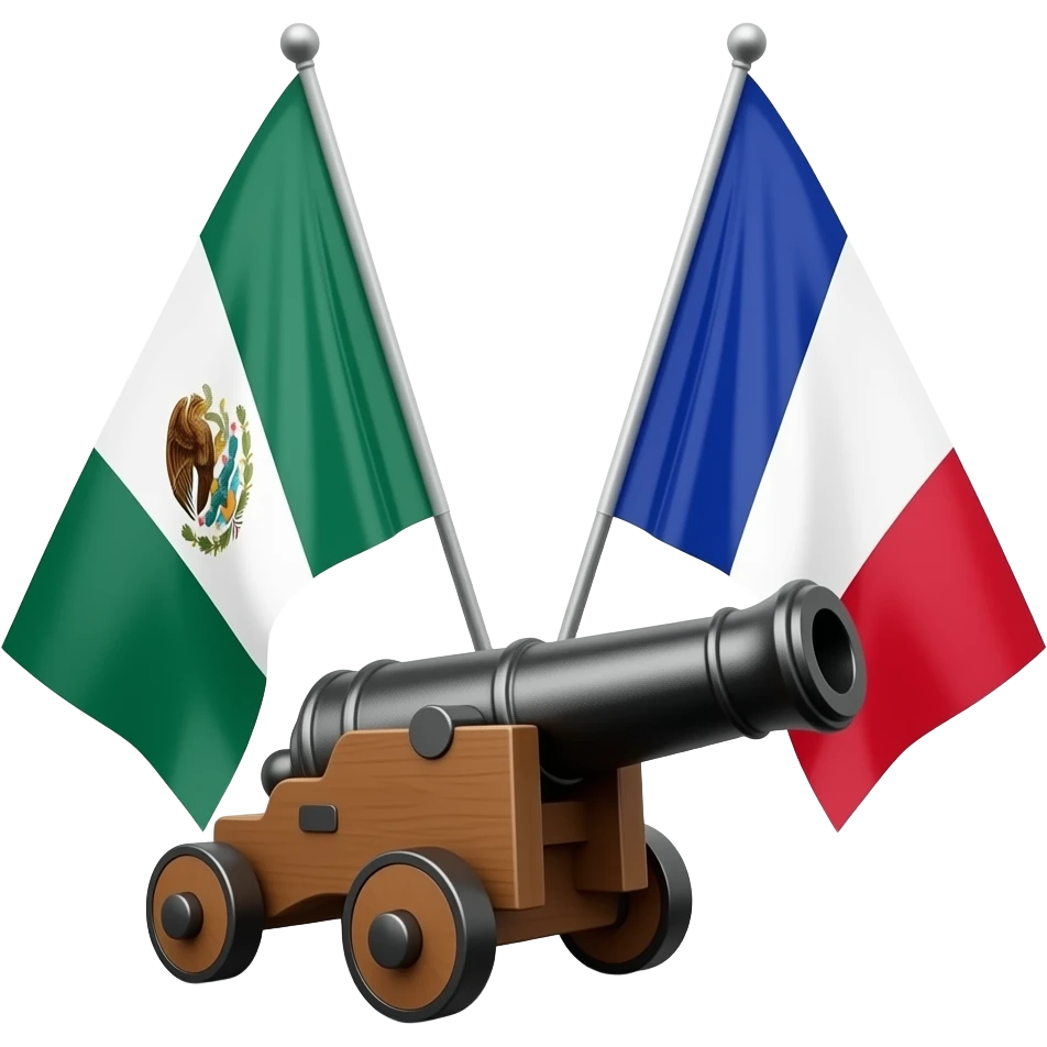 bandera de mexico y bandera de francia con un cañon en medio, el cañon de perfil, mirando hacia la bandera de mexico emoji