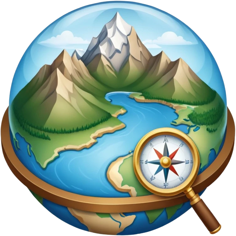An icon featuring a globe, a compass, and a topographic map, symbolizing geography. The design includes mountain ranges, rivers, and a magnifying glass, representing the study of Earth's landscapes, features, and spatial relationships. Transparent background highlights geographic exploration. emoji