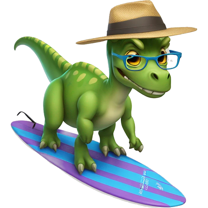 Dinosaur with glasses and a hat on a surfboard  emoji